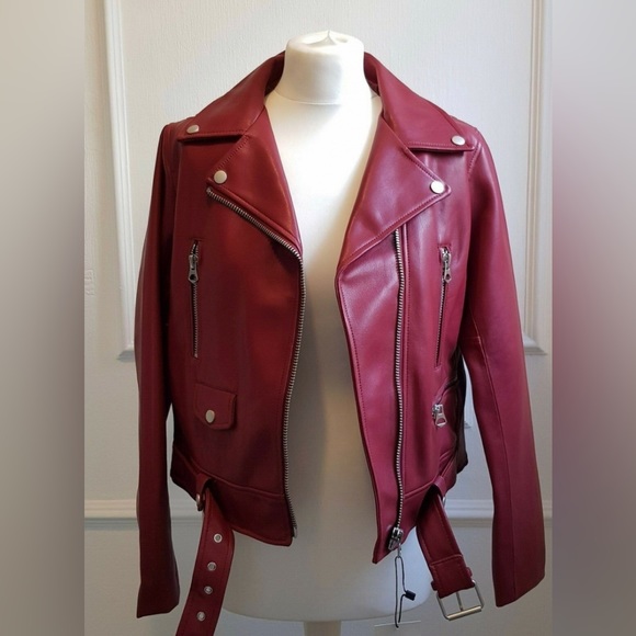 NEW Zara Vegan Faux Leather Red Motorcycle Moto Biker Jacket NWT XS! - Picture 10 of 11